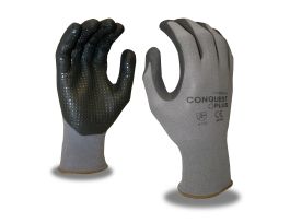 CONQUEST® PLUS, PREMIUM, GRAY NYLON/SPANDEX SHELL, BLACK FOAM NITRILE/PU PALM COATING, BLACK NITRILE DOTS