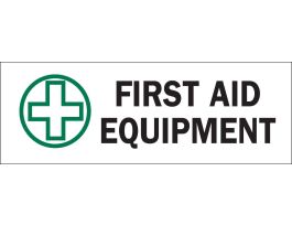 First Aid Equipment Sign, 3.5" H x 10" W x 0.006" D, Polyester