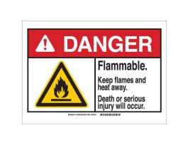 DANGER Flammable. Keep Flames And Heat Away. Death Or Serious Injury Will Occur. Sign, 10" H x 14" W x 0.035" D, Aluminum