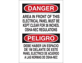 Bilingual DANGER Area In Front Of This Electrical Panel Must Be Kept Clear For 36". OSHA-NEC Regulations Sign