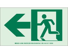 BradyGlo NYC Approved Exit With Running Man And Left Arrow Sign, 5" H x 9" W x 0.045" D, Aluminum