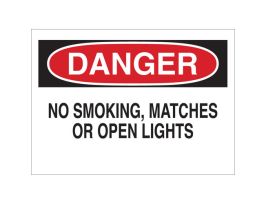 DANGER No Smoking, Matches Or Open Lights Sign, 10" H x 14" W x 0.006" D, Polyester