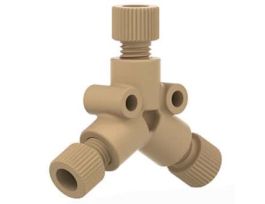 Low-Pressure Y Connector Assembly, Natural PEEK, 0.020" Bore, 1/8" OD Tubing, 1/4-28 Flat Bottom; 1/EA