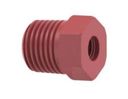 Threaded Adapter, Red PEEK, 0.062" ID, 1/4-28 Flat Bottom (F) to 1/4" NPT(M)