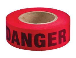 Re-Pulpable Danger Barricade Tape, Biodegradable Cotton, Black on Red, 2" x 135'