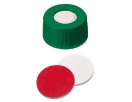 Short Thread Cap, 9mm, Open Green Polypropylene, UltraClean Silicone/Red PTFE Septa; 1000/pk