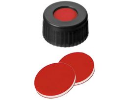 Short Thread Cap, 9mm, Open Black Polypropylene, Red PTFE/Silicone/PTFE Septa; 1000/pk