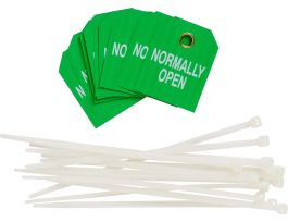 Valve Indicator Tag NORMALLY OPEN Polyester 2.5in H x 2in W White on Green 10/PK