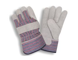 SPLIT LEATHER PALM, STRIPED BACK, RUBBERIZED SAFETY CUFF, FLEECE LINED LG