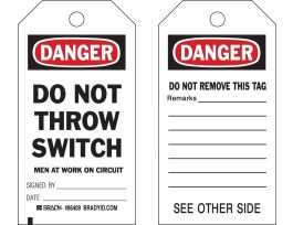 Tags DO NOT THROW SWITCH MEN AT WORK ON CIRCUIT Paper 7x4 BK/RD/WH 100/PK