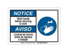 Bilingual ToughWash NOTICE Wash Hands Before Returning To Work Sign, 10" H x 14" W x 0.125" D, Polypropylene