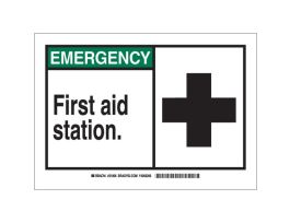 EMERGENCY First Aid Station. Sign, 10" H x 14" W x 0.1" D, Fiberglass