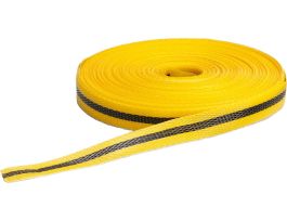 Outdoor Barricade Tape Roll - Woven Polypropylene, Horizontal Stripes, Black on Yellow, 0.75" x 150'