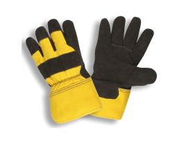BLACK SPLIT LEATHER PALM, YELLOW CANVAS BACK, RUBBERIZED SAFETY CUFF, PILE LINED