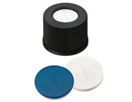 Screw Cap, Polypropylene, Black, 10 mm, Pre-Slit Silicone/Blue PTFE Septa; 1000/pk