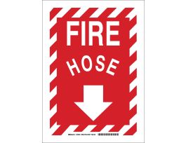 Fire Hose Sign, 14" H x 10" W x 0.006" D, White on Red, Polyester