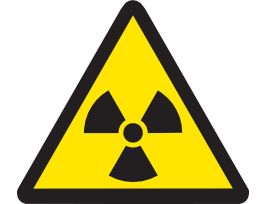 Warning Label w/Radioactive Material Pictogram, Vinyl, Black on Yellow, 1" H x 1" W