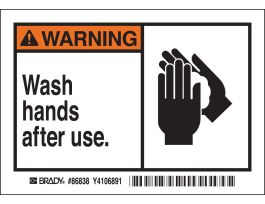 WARNING Wash hands after use. Labels, 3.5" H x 5" W x 0.006" D, Black/Orange on White