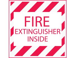 FIRE EXTINGUISHER INSIDE Labels, 4" H x 4" W x 0.004" D, Red on White