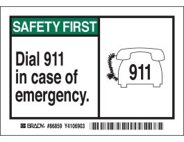 SAFETY FIRST Dial 911 in case of emergency. Labels, 3.5" H x 5" W x 0.006" D, Black/Green on White