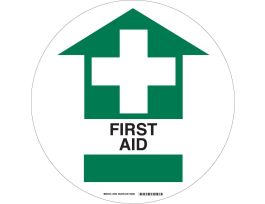 Anti Skid Floor Sign: Vinyl, Black/Green On White, 17" Diameter, First Aid