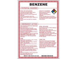 Benzene Potential Hazards Sign, 10" H x 7" W x 0.1" D, Black/Blue/Red/Yellow on White