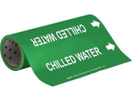 Roll Form Pipe Marker: CHILLED WATER, 30' H x 12" W x 30' L, Roll of 30', Fits Pipes, 2.5" Dia. Thru 6" Dia.