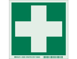 BradyGlo With First Aid Symbol Sign, 6" H x 6" W x 0.008" D, Polyester