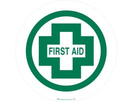 Anti Skid Floor Sign: Vinyl, Green On White, 17" Diameter, First Aid