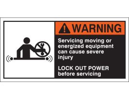 SERVICING MOVING OR ENERGIZED EQUIPMENT CAN CAUSE Labels, 2.5" H x 5" W x 0.006" D, Black/Orange/Red on White