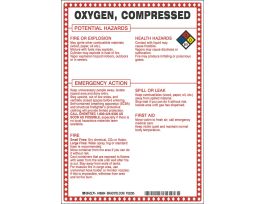 Oxygen, Compressed Potential Hazards Sign, 10" H x 7" W x 0.1" D, Black/Blue/Red/Yellow on White
