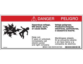 Bilingual DANGER HAZARDOUS VOLTAGE INSIDE. CAN SHOCK, BURN, OR CAUSE DEATH Labels, 4.5" H x 10.75" W x 0.0035" D, Black/Red on White