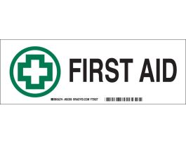 First Aid Sign, 3.5" H x 10" W x 0.006" D, Polyester