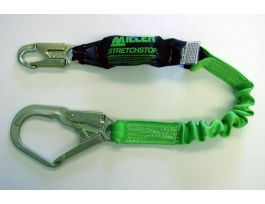 Miller Stretchable SofStop Lanyard, 6-ft. single leg, 1 locking snap hook and 1 locking rebar hook (2-1/2 in.), Green