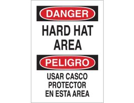 Bilingual DANGER Hard Hat Area Sign, 14" H x 10" W x 0.035" D, Aluminum
