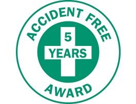 ACCIDENT FREE 5 YEARS AWARD Hard Hat Labels, 2" Dia, Card of 4 Labels, Green on White