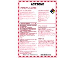 Acetone Potential Hazards Sign, 10" H x 7" W x 0.1" D, Black/Blue/Red/Yellow on White
