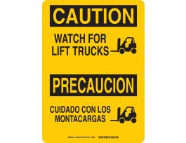Bilingual CAUTION Watch For Lift Trucks Sign, 10" H x 7" W x 0.1" D, Fiberglass