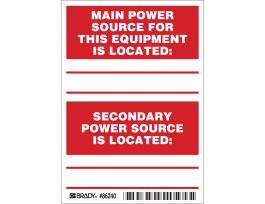 MAIN POWER SOURCE FOR THIS EQUIPMENT IS LOCATED: S Labels, 5" H x 3.5" W x 0.006" D, Red on White
