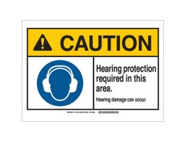 CAUTION Hearing Protection Required In This Area. Hearing Damage Can Occur. Sign, 10" H x 14" W x 0.006" D, Polyester