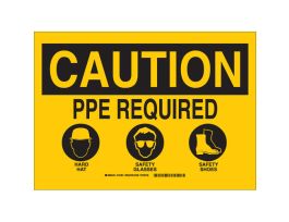 CAUTION PPE Required Hard Hat Safety Glasses Safety Shoes Sign, 10" H x 14" W x 0.006" D, Polyester