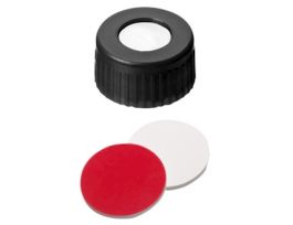 Short Thread Cap, 9 mm, Open Black Polypropylene, UltraBond Silicone/PTFE Septa; 1000/pk
