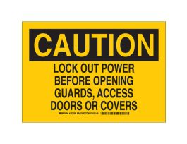 CAUTION Lock Out Power Before Opening Guards, Access Doors Or Covers Sign, 7" H x 10" W x 0.035" D, Aluminum