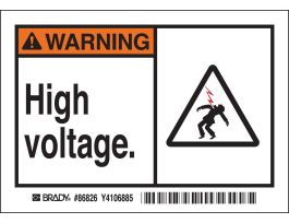 WARNING High voltage. Labels, 3.5" H x 5" W x 0.006" D, Black/Orange on White