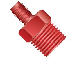 Threaded Adapter, Red PEEK, 0.062" ID, 1/4-28 Flat Bottom (M) to 1/4" NPT(M)