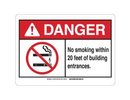 DANGER No Smoking Within 20' Of Building Entrances. Sign, 10" H x 14" W x 0.06" D, Polystyrene
