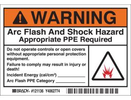 Arc Flash Labels - Adhesive Vinyl, 3.5" H x 5" W x 0.004" D, Pack of 5 Labels, Black/Orange on White, Includes Pictogram