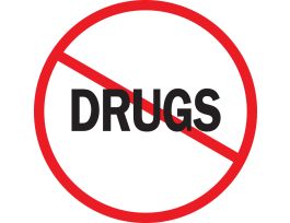 DRUGS Hard Hat Labels, 2" Dia, Card of 4 Labels, Black/Red on White