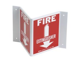 V Fire Extinguisher Sign, 5.5" H x 10" W x .035" D, White on Red, Plastic