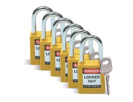 Standard Key Retaining Padlocks Nylon 1.5 in Steel Shackle KA Yellow 6PK